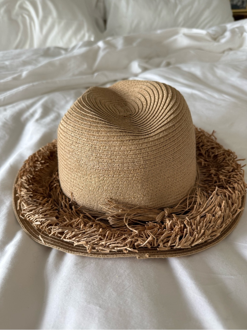 Scala Tan Straw Frayed Brim Sun Hat